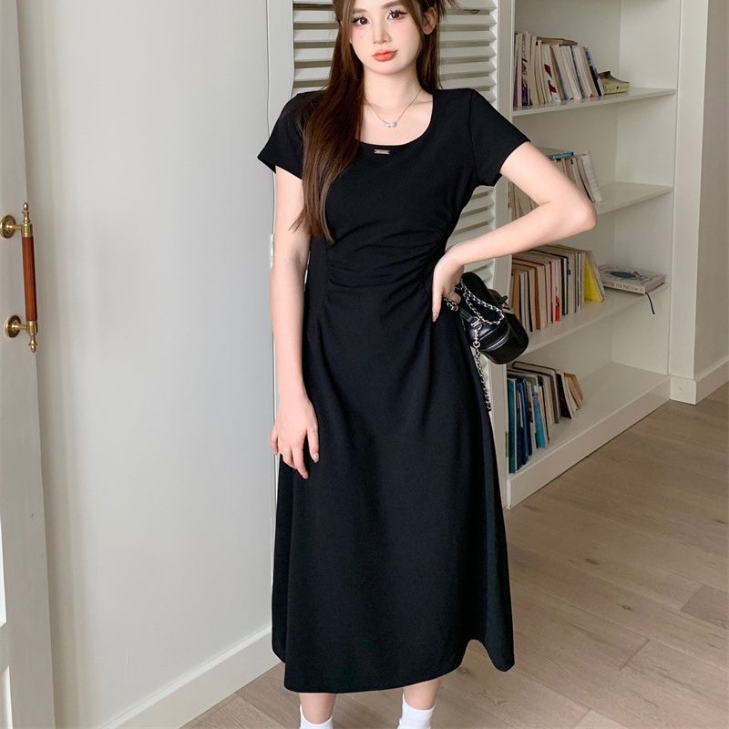 Women's French Tea Break A-Line Midi Dress Short Sleeve Round Neck Solid Color