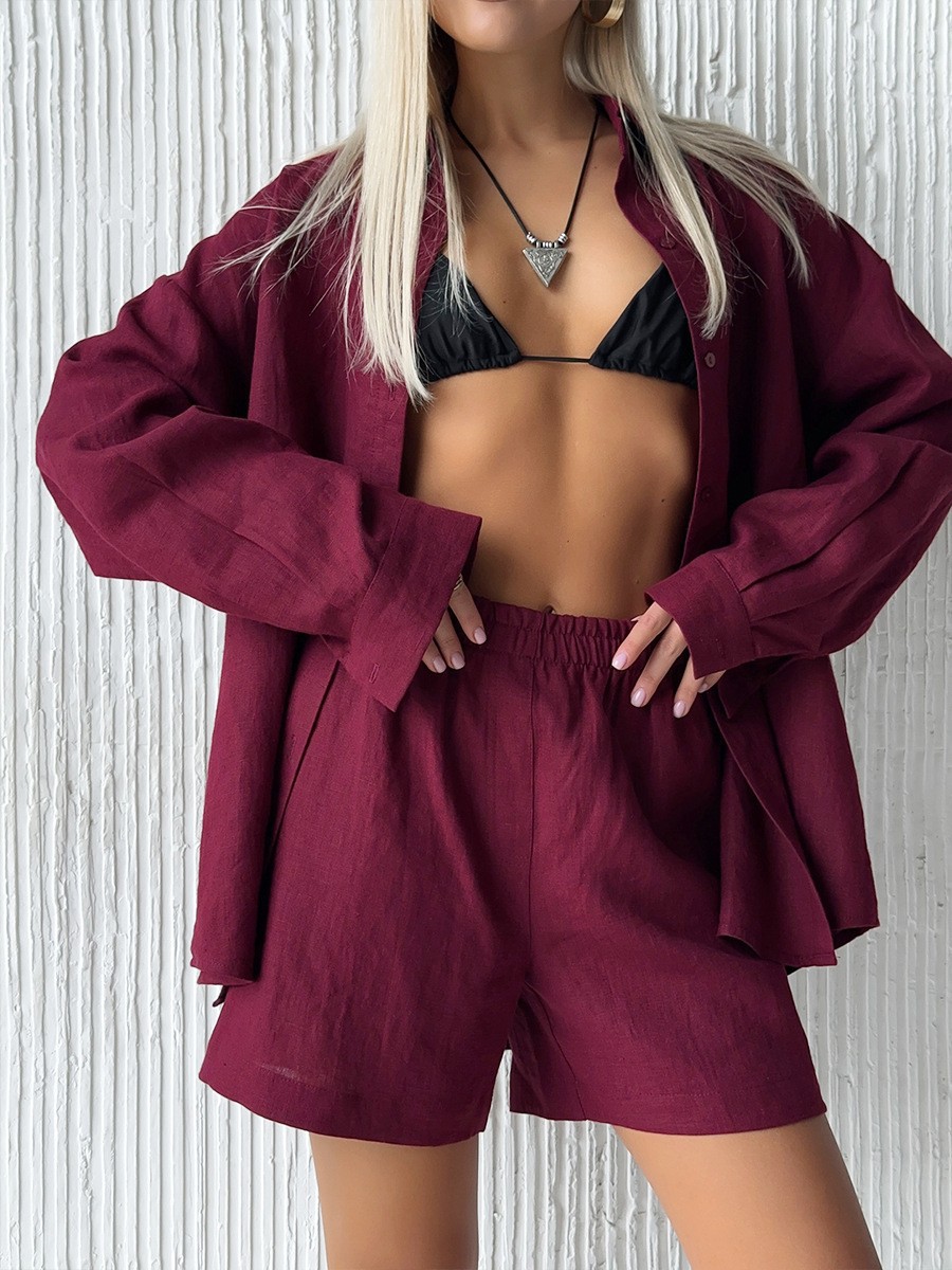 Long Sleeve Button Cardigan and Shorts Set Solid Color Casual