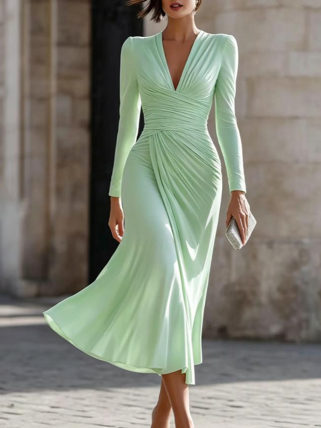 Solid V-Neck Long-Sleeve Slim Fit Midi Dress
