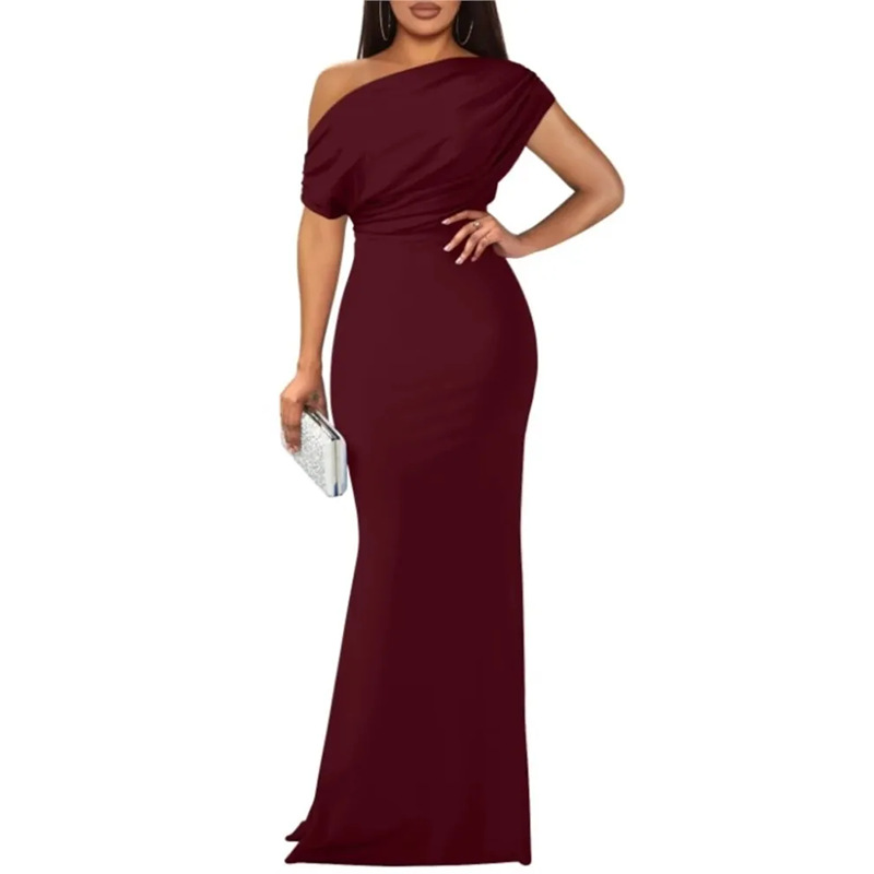 Elegant Solid One-Shoulder Ruched Bodycon Dress