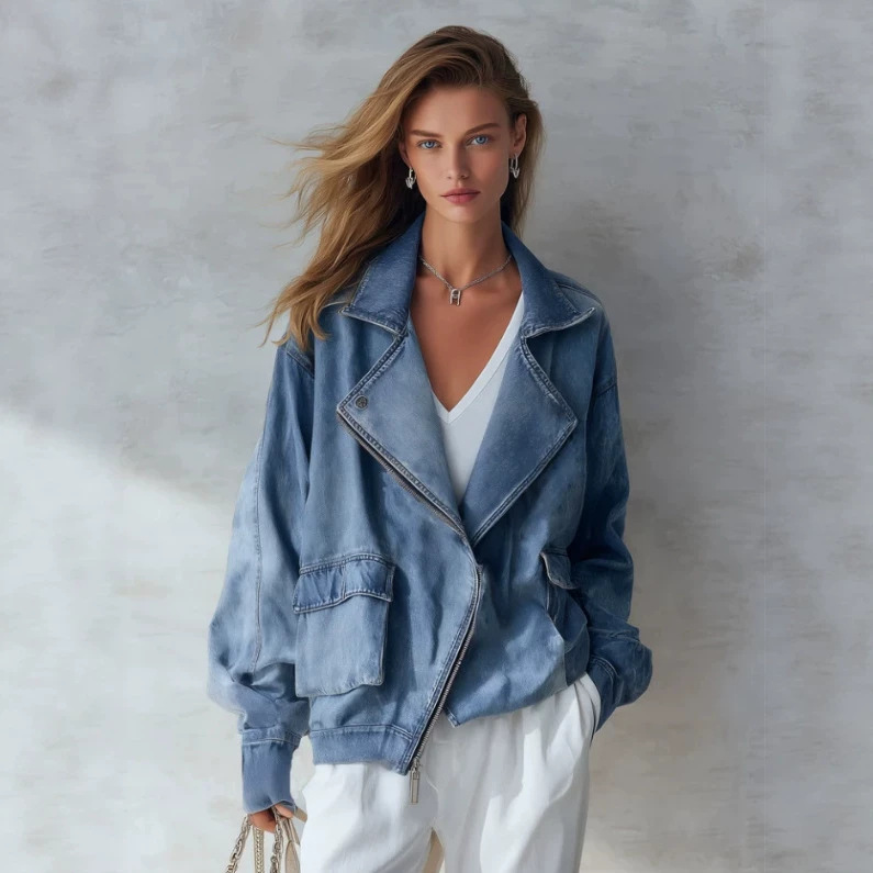 Blue Denim Zip Bomber Jacket with Collar