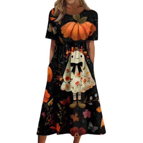 Women's Halloween Print Pleated Midi Dress