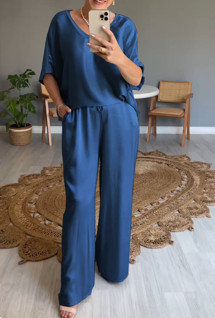Women's Solid Silk-Finish V-Neck Casual Two-Piece Pants Set