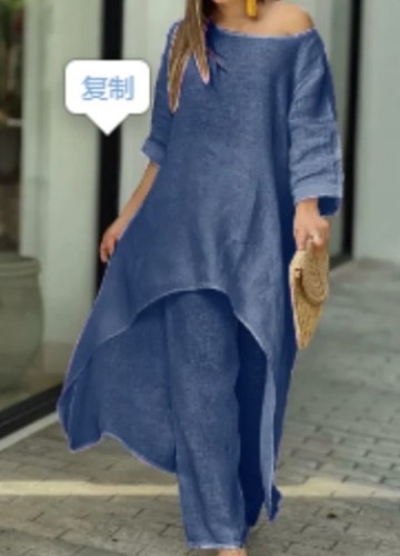 Women's Cotton-Linen Irregular Long-Sleeve Wide-Leg Two-Piece Set