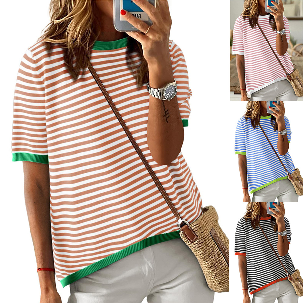 Women's Striped Color-Block Crewneck Short-Sleeve Casual Sweater