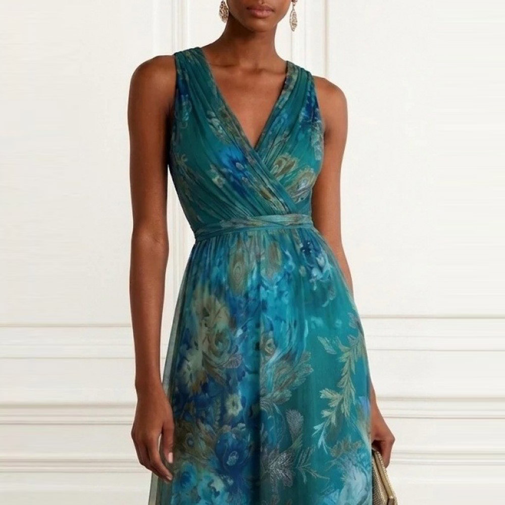 V-Neck Printed Waist-Cinched Sleeveless Long Dress