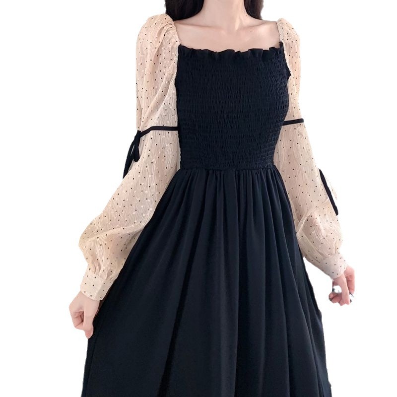 Plus Size Women's Waist-Cinching Midi Dress A-Line Square Neck Lantern Sleeve Colorblock