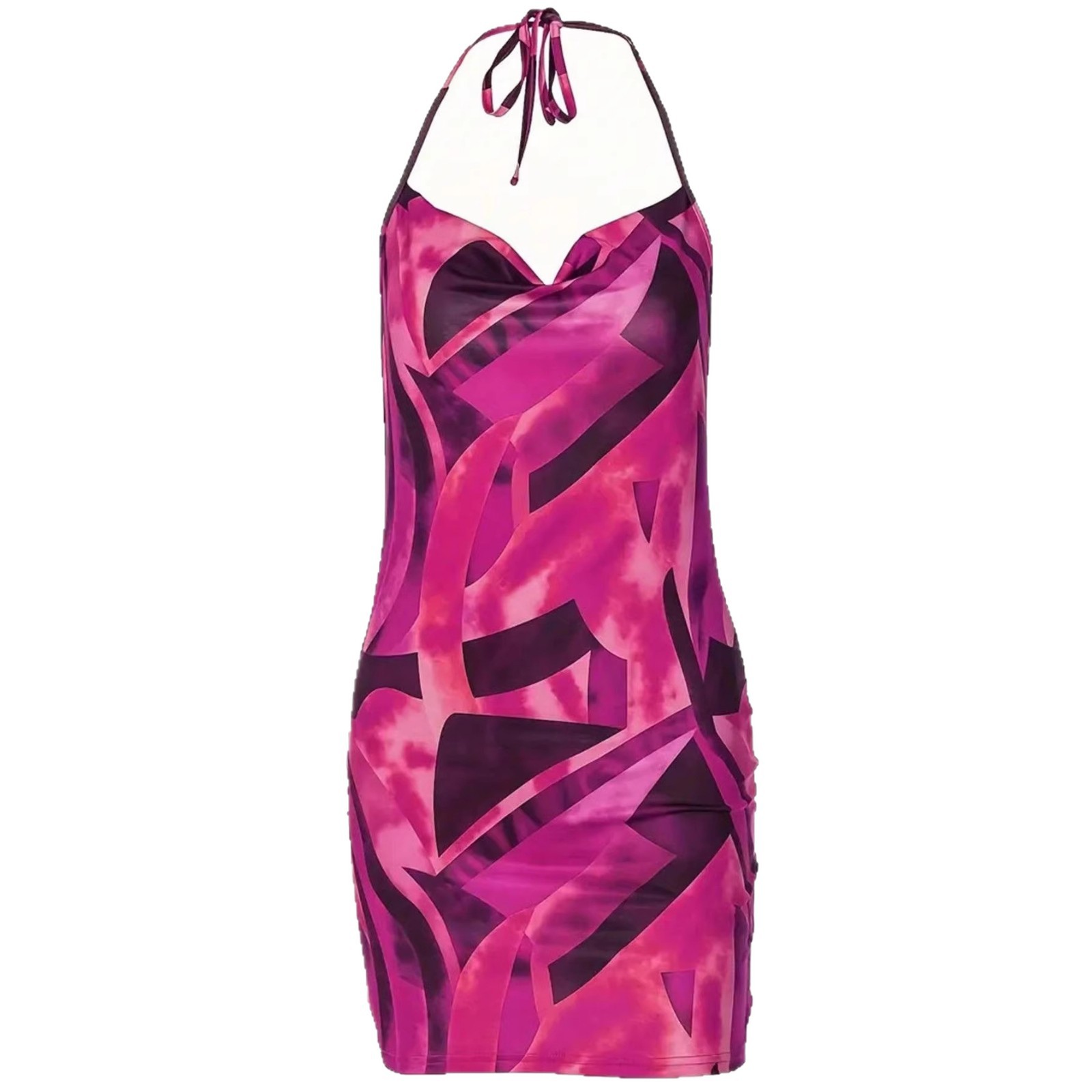 Tie-Dye Halter Bodycon Mini Dress with Cowl Neck