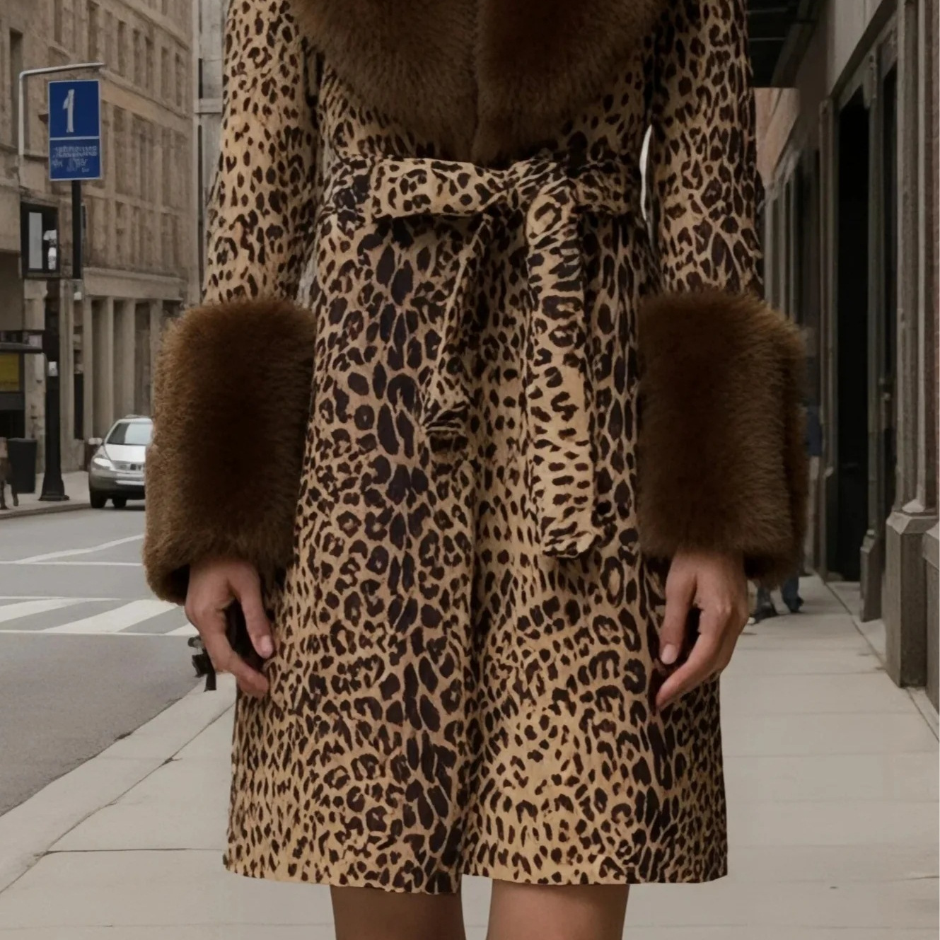 Leopard Print Digital Print Long Sleeve Faux Fur Collar Dress
