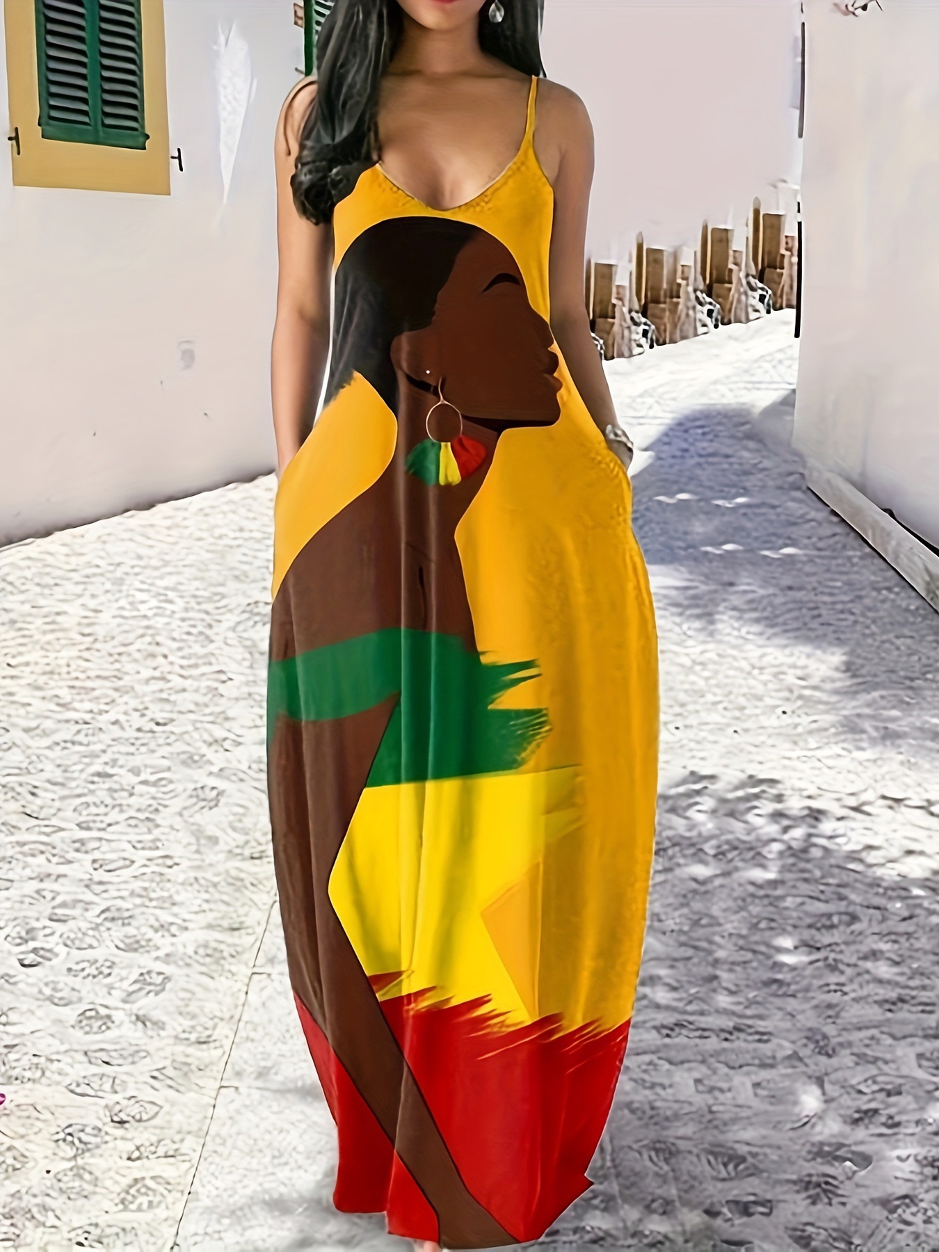 Women's High Waist V-Neck Sleeveless Maxi Dress with 3D Digital Print