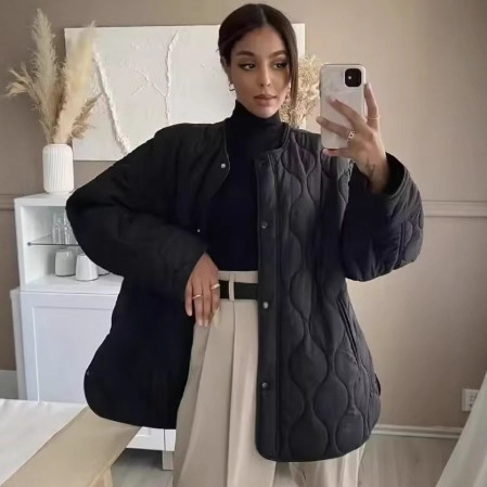Women's Quilted Diamond Round Neck Loose Cotton Coat