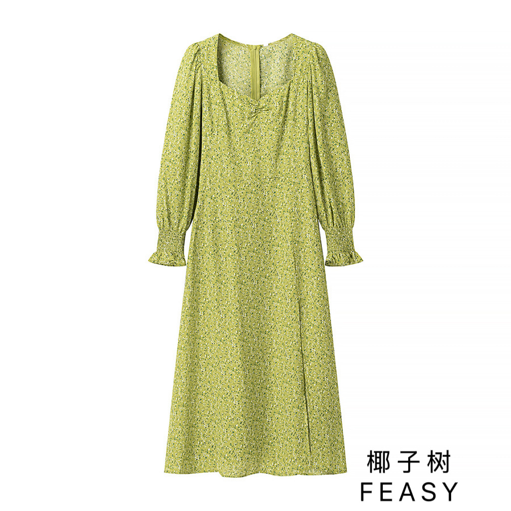 Green Floral Print Puff Sleeve Midi Dress
