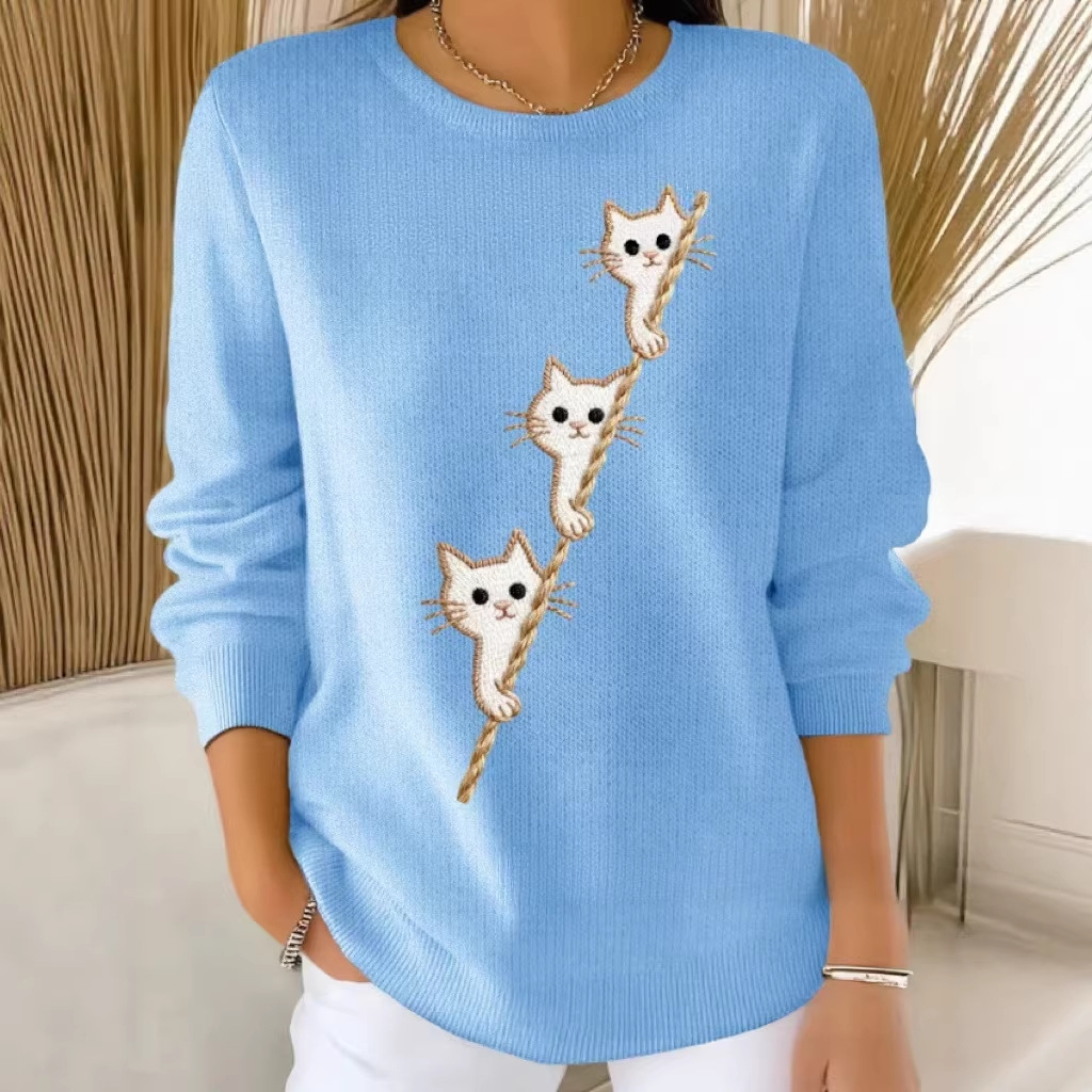 Women's Cat Ladder Print Crewneck Sweatshirt