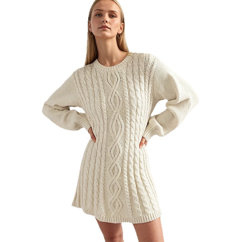 Cable-Knit Long-Sleeve Loose Knit Dress