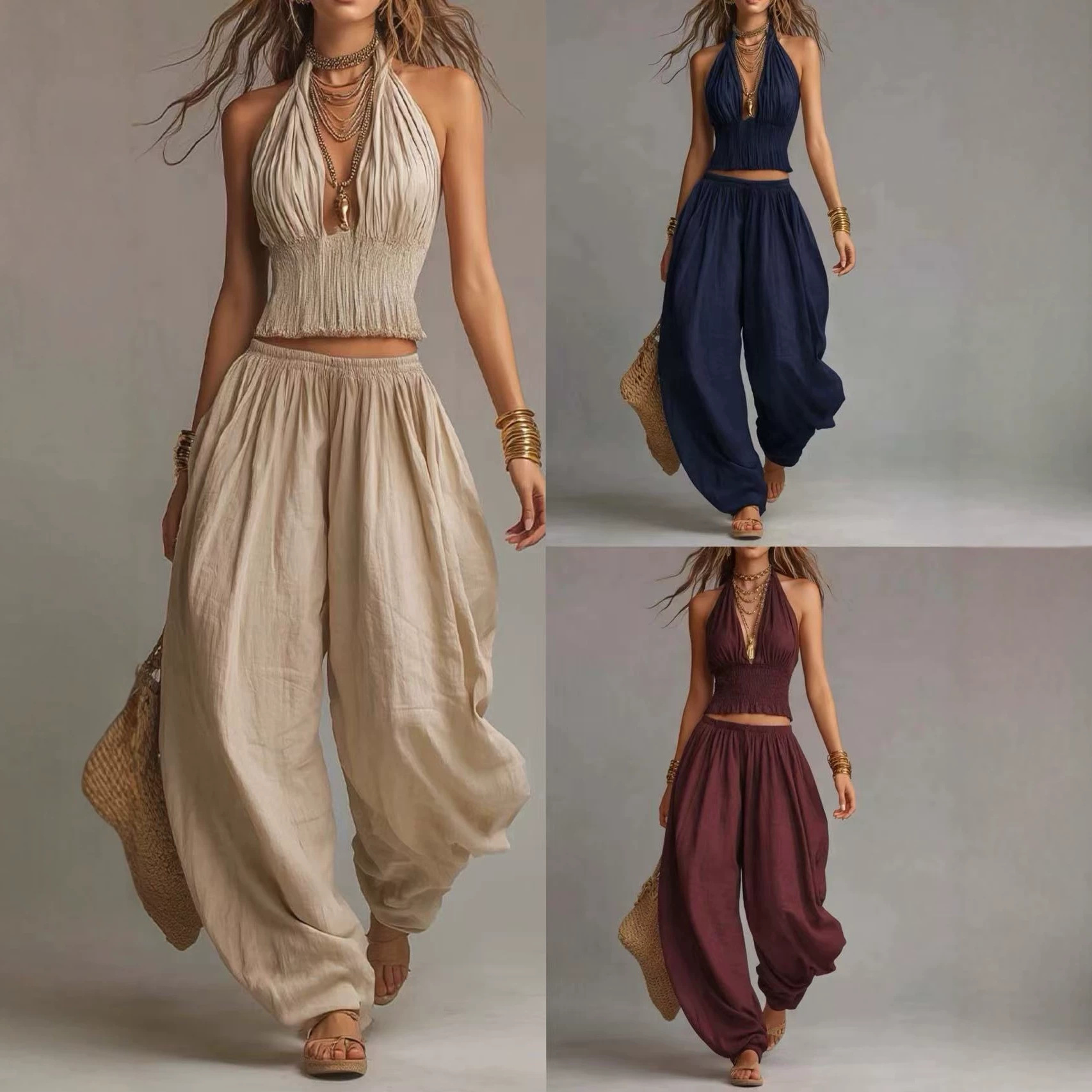 Bohemian Cotton-Linen Halter Smocked Crop Top and Lantern Pants Set