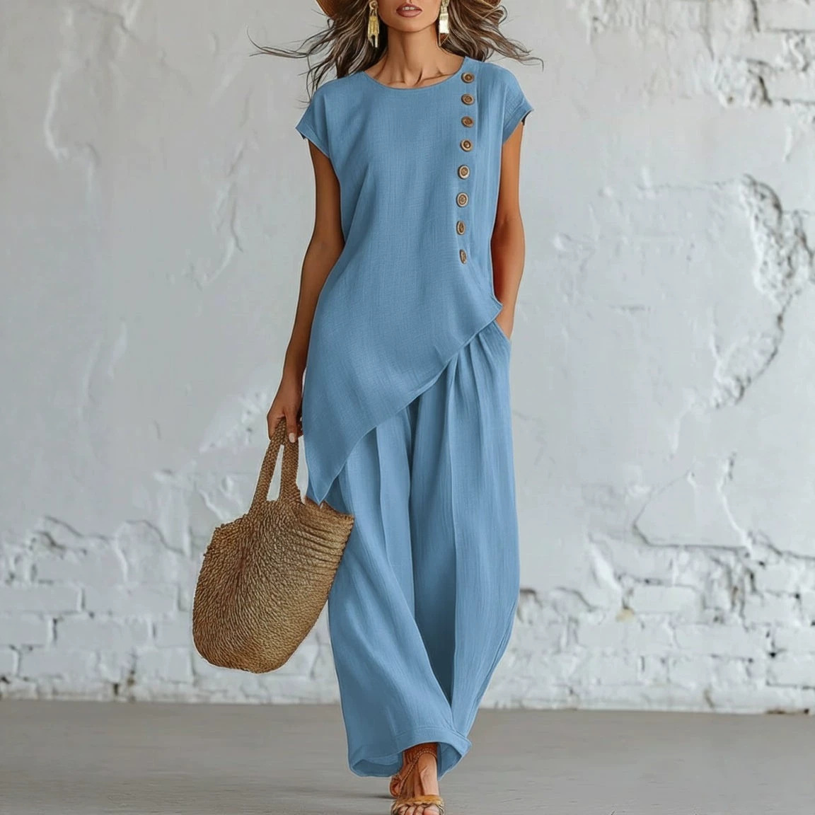Women's Button-Down Short Sleeve Top and Wide-Leg Pants Set with Asymmetrical Hem