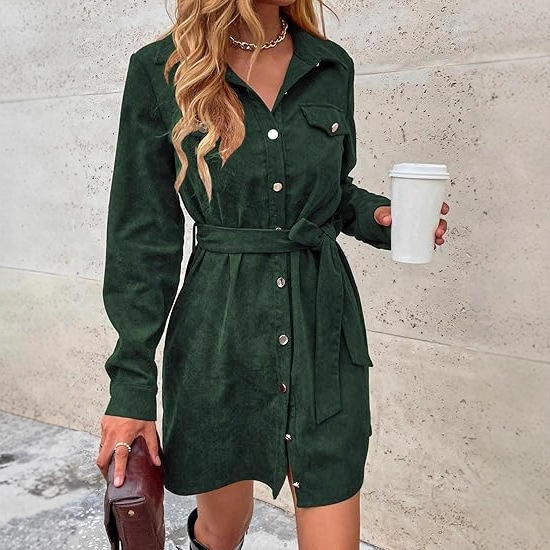 Corduroy Shirt Dress with Belt and Flap Pockets