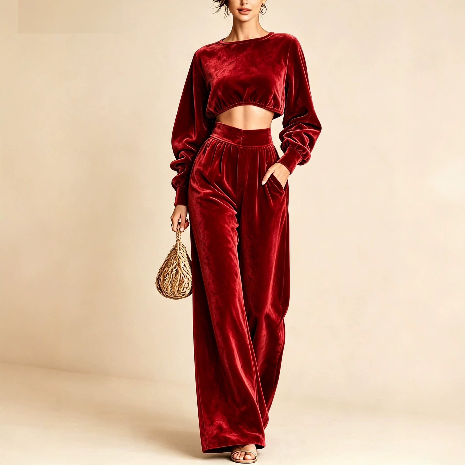 Elegant Christmas Two-Piece Set with Cropped Top and Wide-Leg Pants
