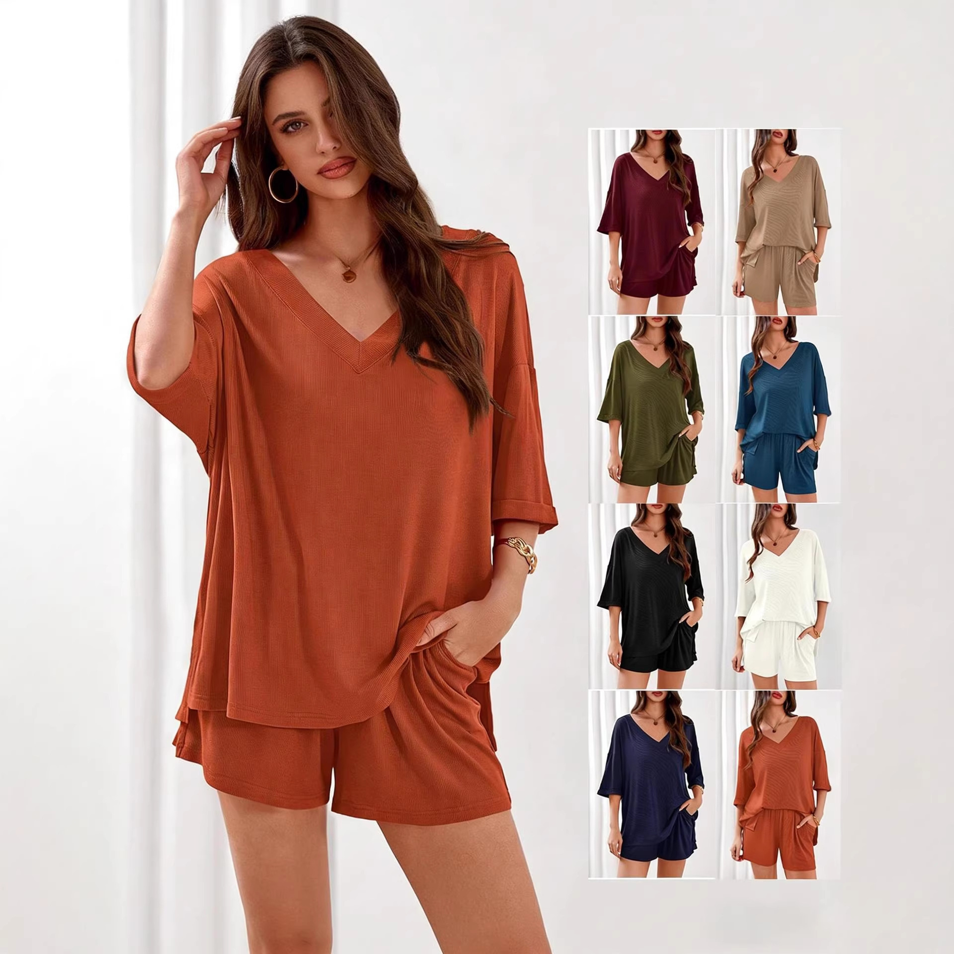 Women's Two-Piece Loose V-Neck Half-Sleeve Top and Shorts Casual Set