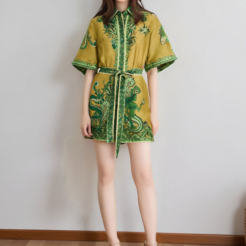 Women's Printed Collared Tie-Front Short Dress