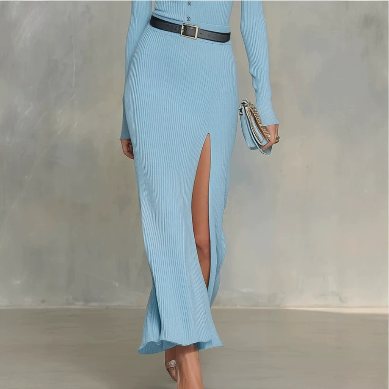 Retro Solid Color Slit Long Dress