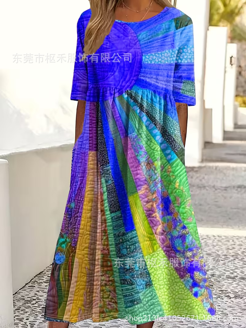 Women's Colorful Floral Print Ruched Midi Dress