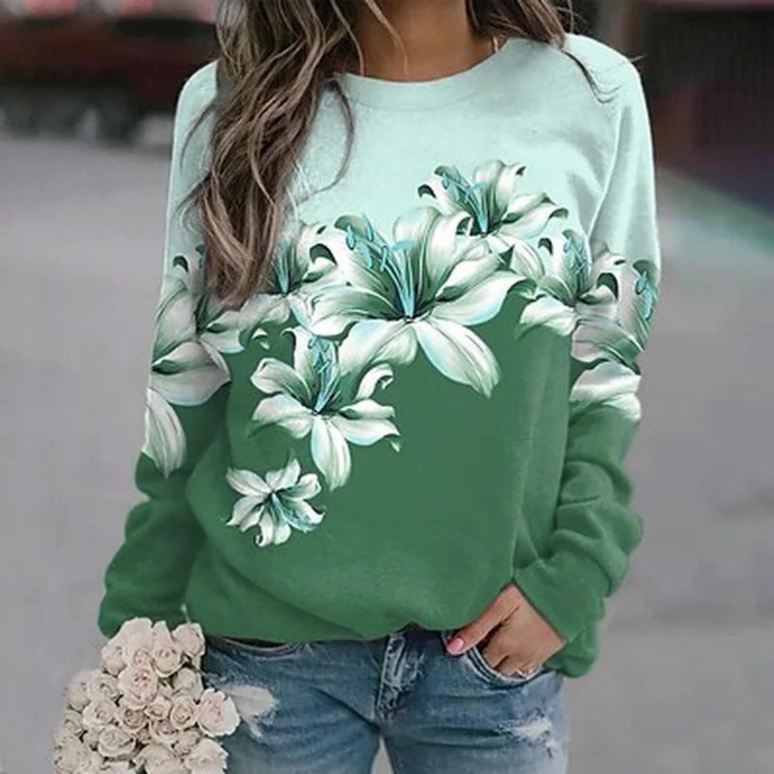 Women's Floral Print Crewneck Sweatshirt