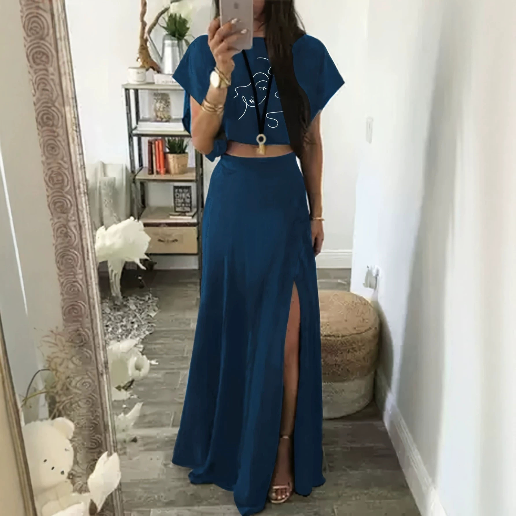 Women's Soft Casual Split Two-Piece Top and Midi Skirt Set