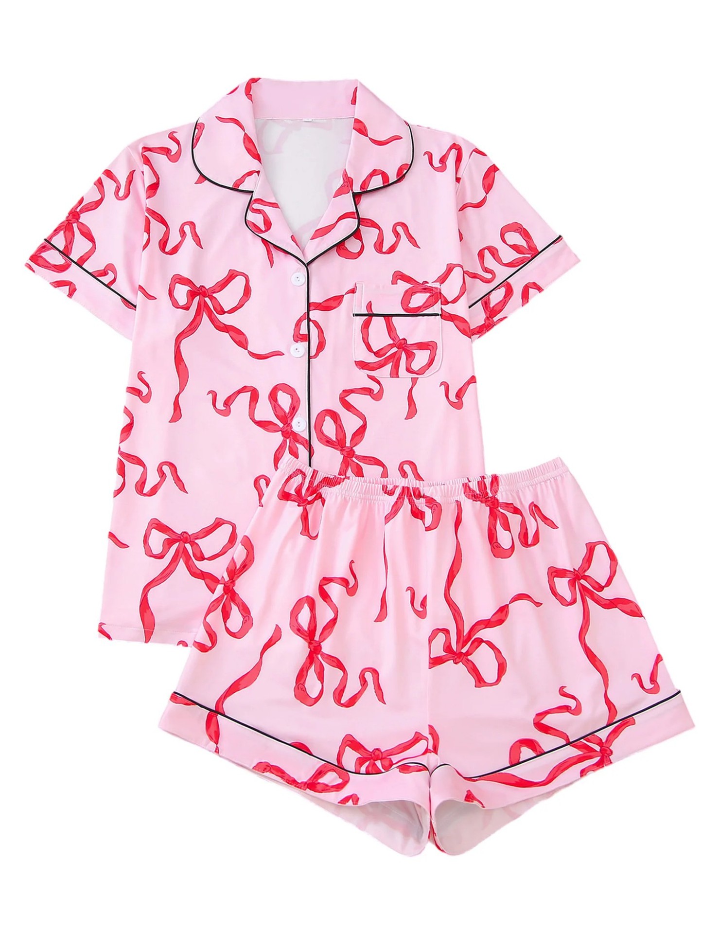 Women's Cuban Collar Short Sleeve Shirt Set with Ribbon Bow