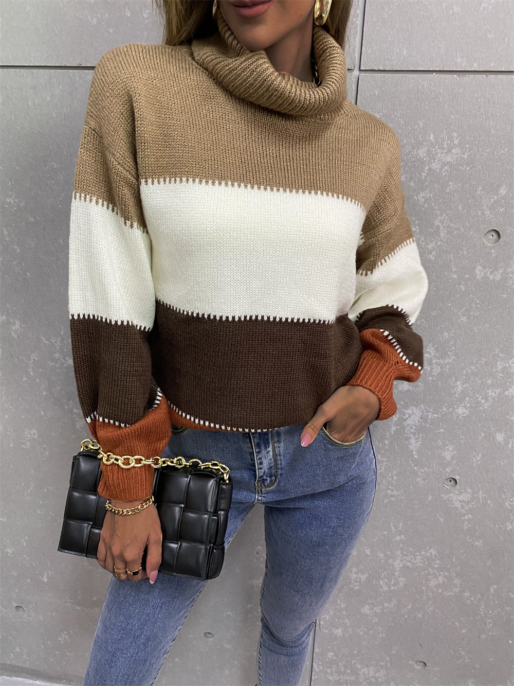 Women's Turtleneck Color-Block Knit Sweater