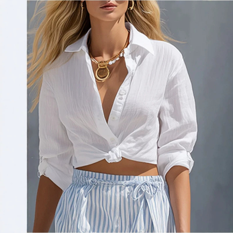 Elegant White Shirt & Blue Striped Wide-Leg Pants Set