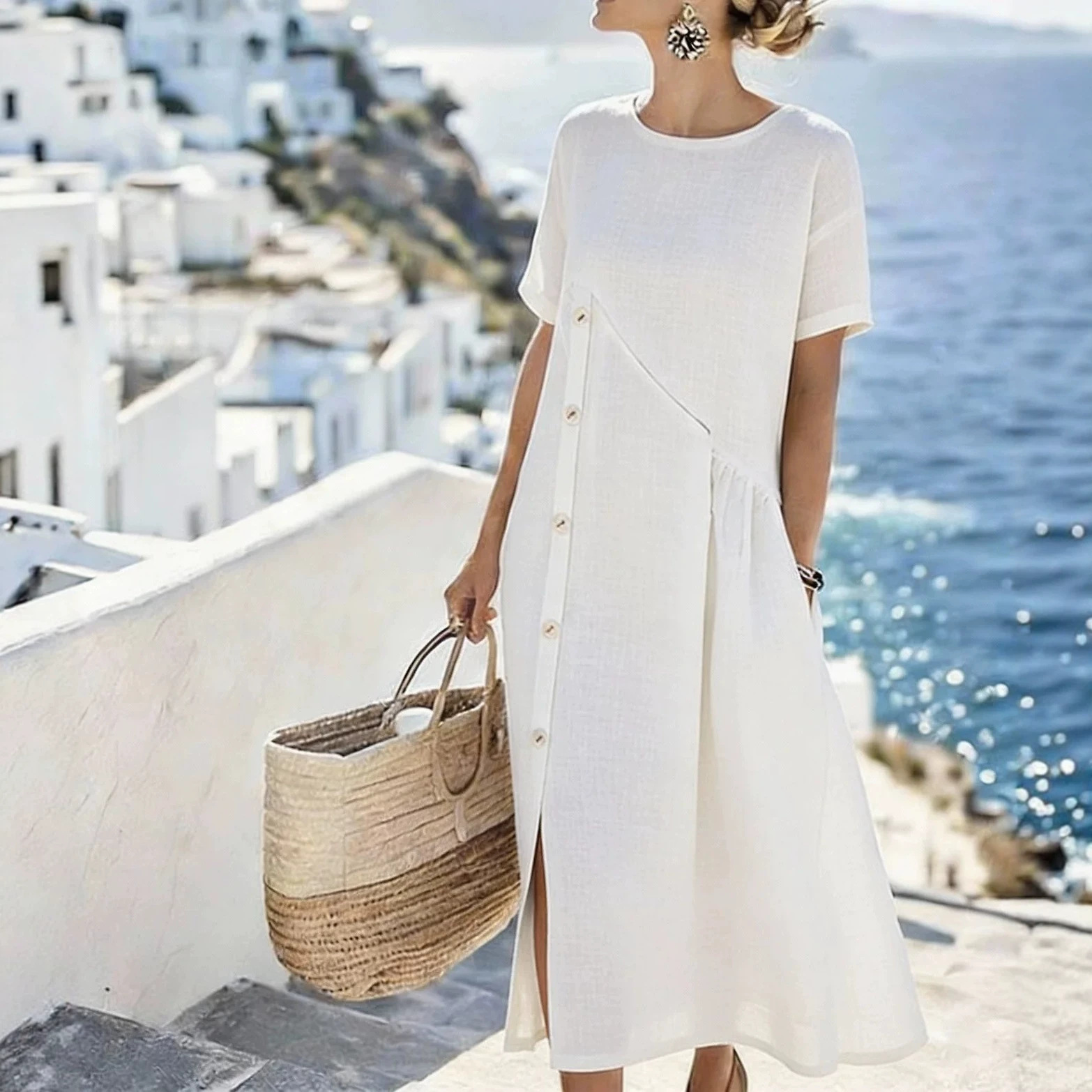 Casual Button-Trim Midi Dress with Pockets