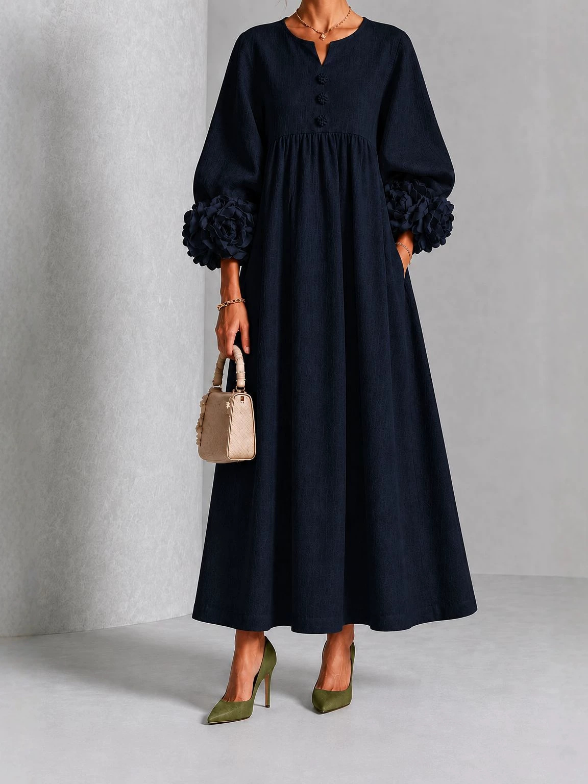Women's Light Luxury Solid Color Dress with Floral Lantern Sleeves, V-Neck, High Waist, Pleated A-Line Long