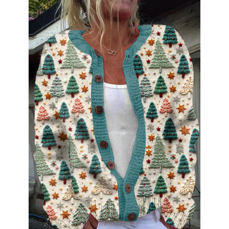 Women's Snowman & Tree Print Button Cardigan Sweater
