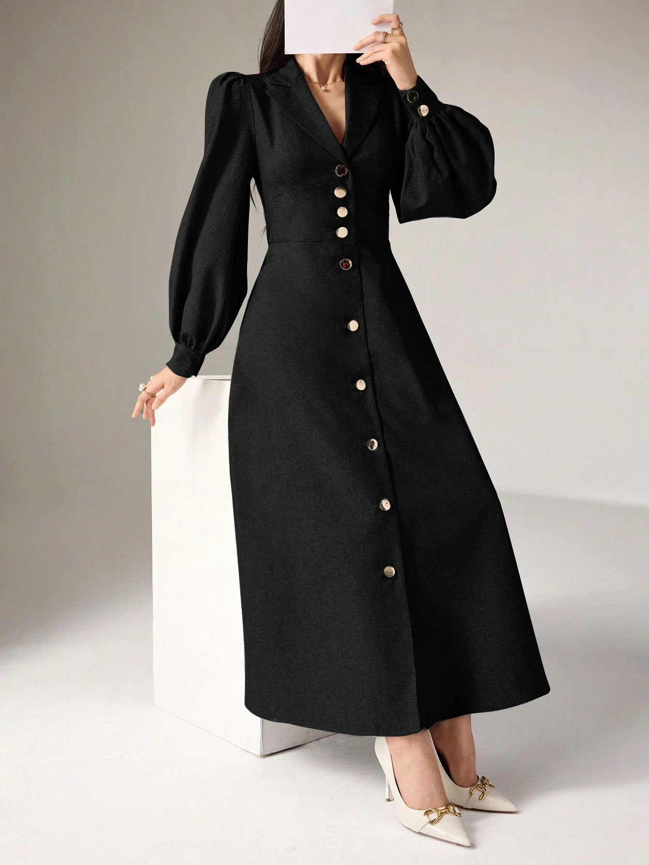 Women's Solid Color Lantern Sleeve V-Neck Long Dress