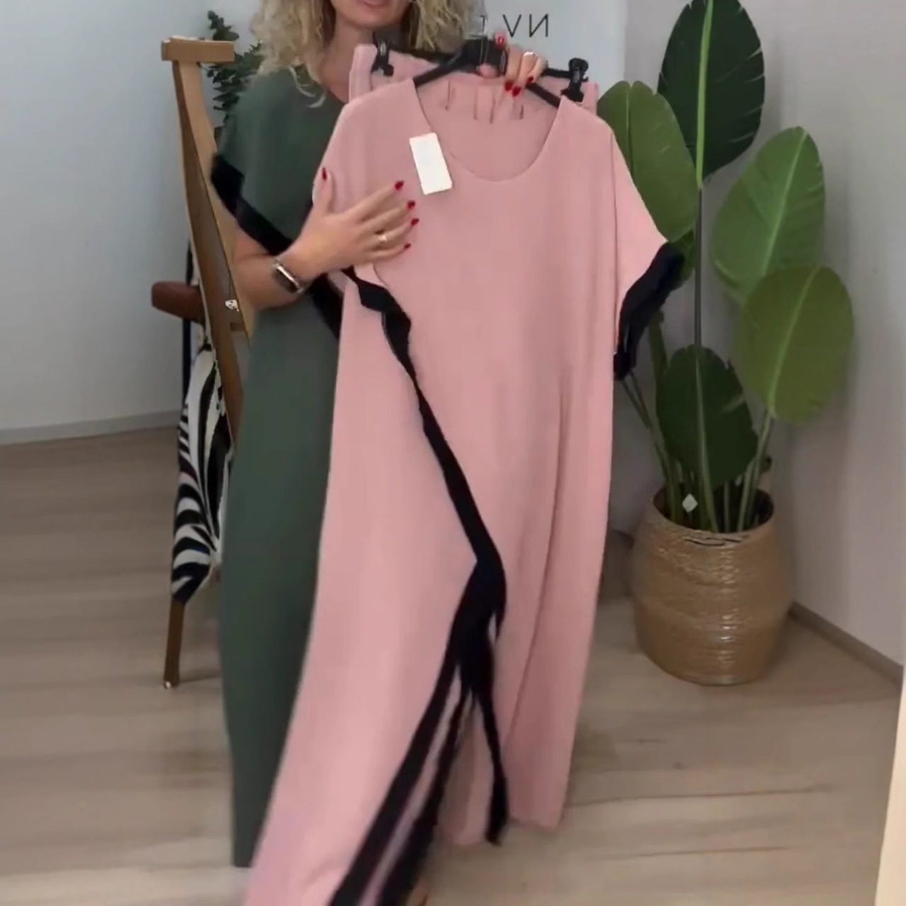 Color-Block Loose Long Dress Set with Pants, Green