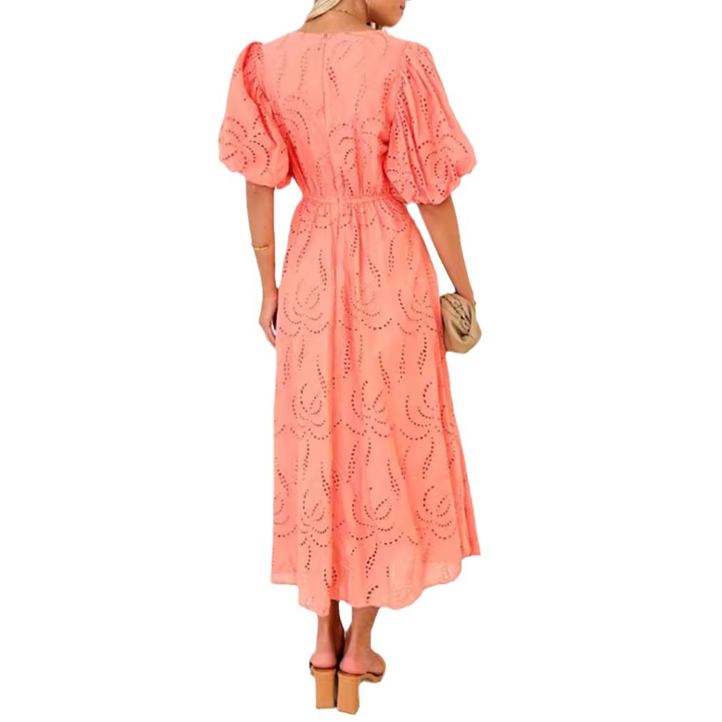 Solid Cutout V-Neck Short Sleeve Waist-Defining Midi Dress
