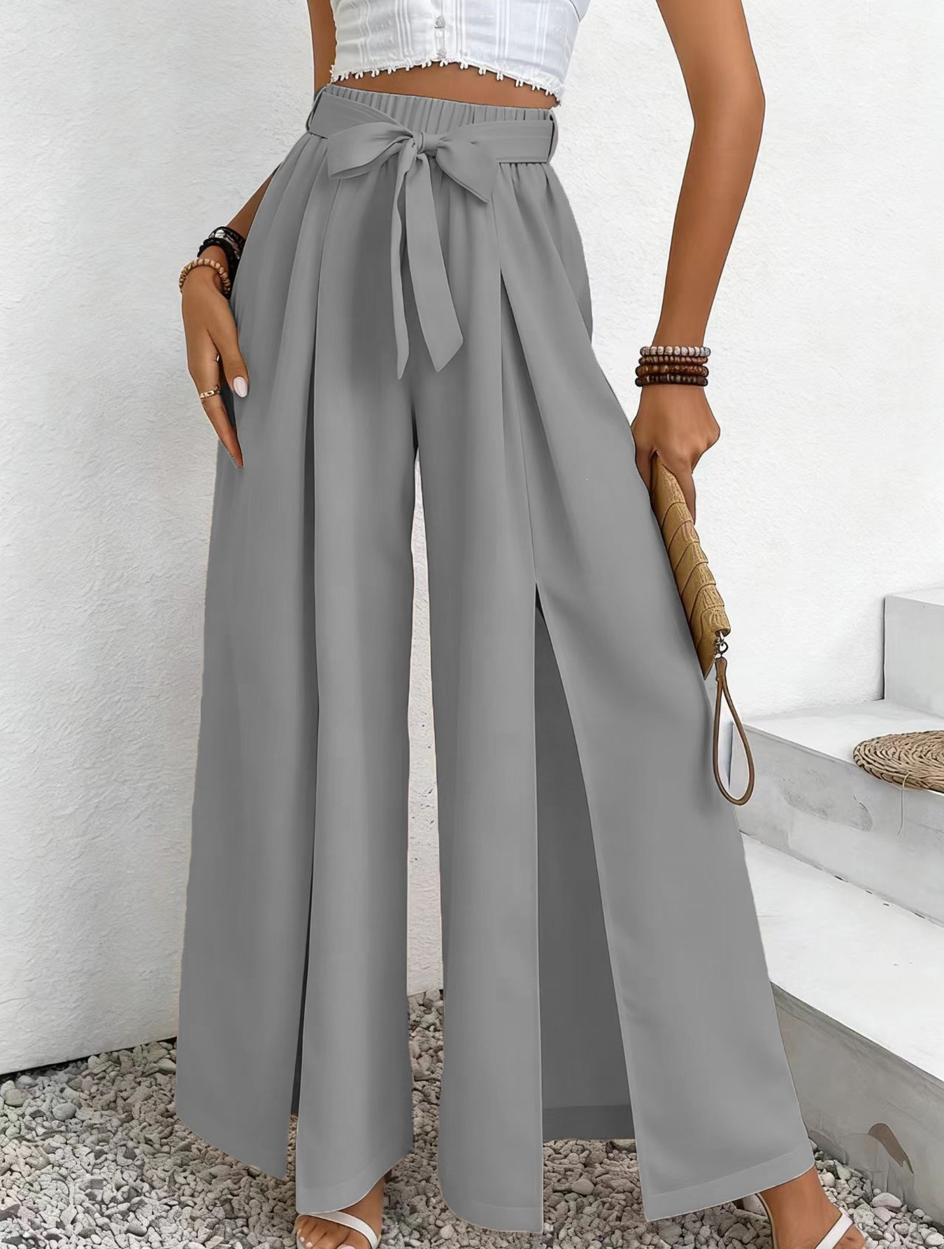 High-Waist Tie-Front Split Wide-Leg Pants with Elastic Waist