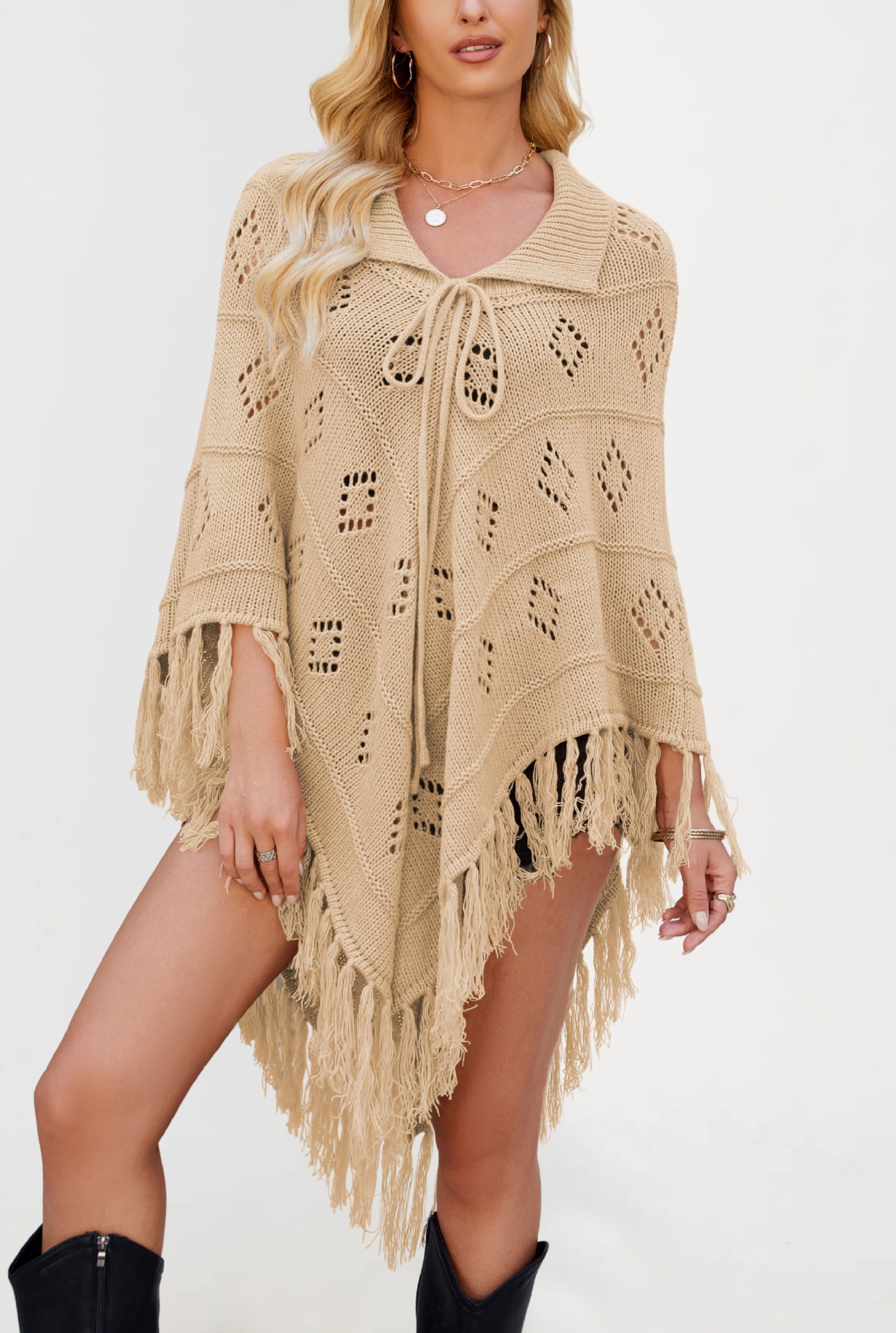 Fringed Knit Cape Sweater with Lapel Collar