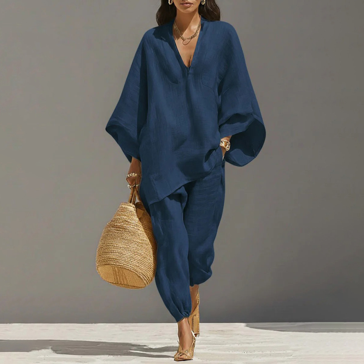 Women's Batwing Sleeve V-Neck Loose Casual Two-Piece Set