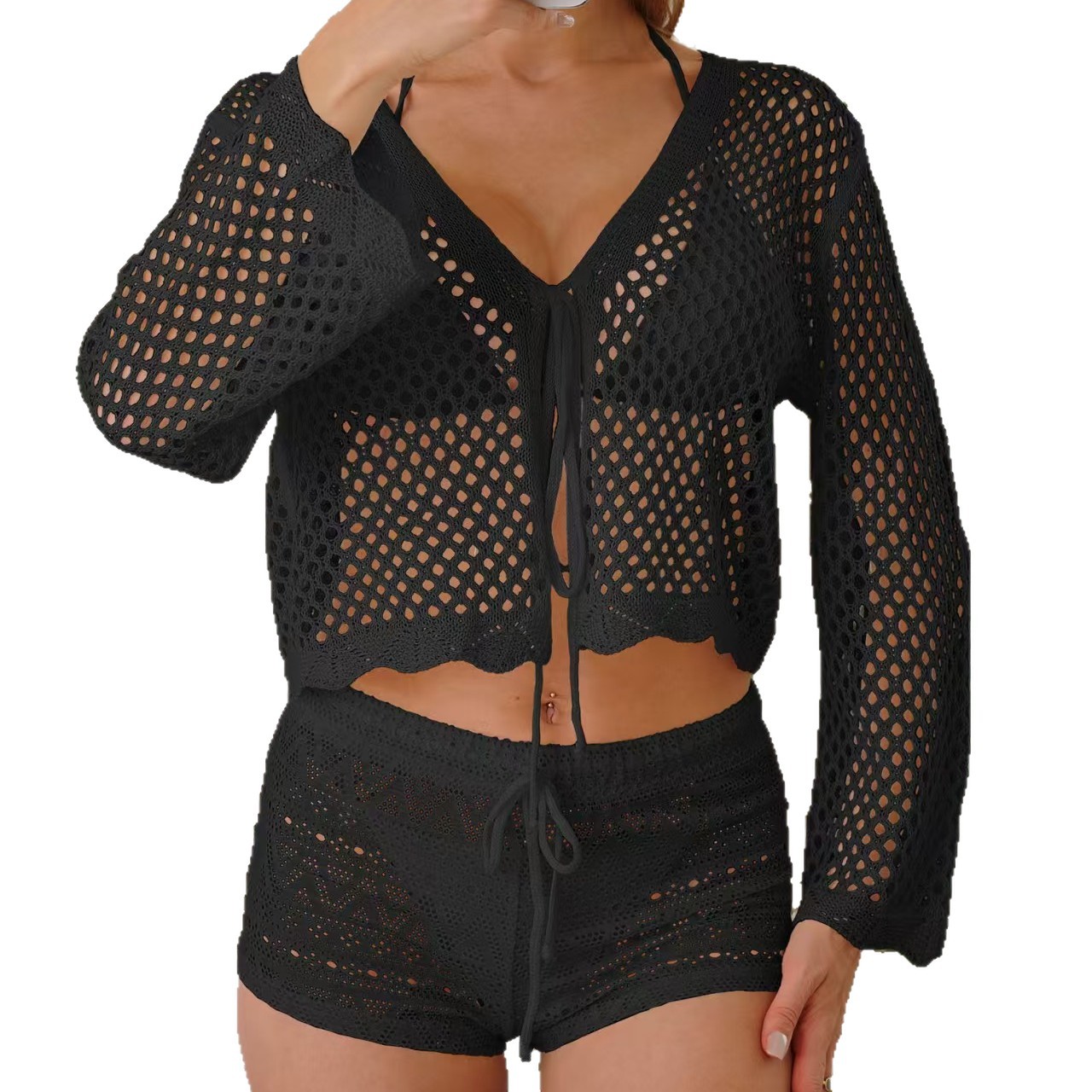 Women's Sheer Open-Knit Lace-Up Cardigan Top