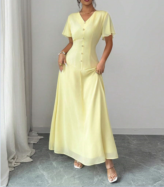 V-Neck Ruffle Short Sleeve Patchwork Midi Dress