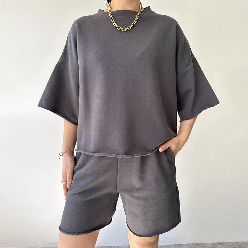 Women's Casual Two-Piece Set Short Sleeve Crew Neck Drawstring Shorts