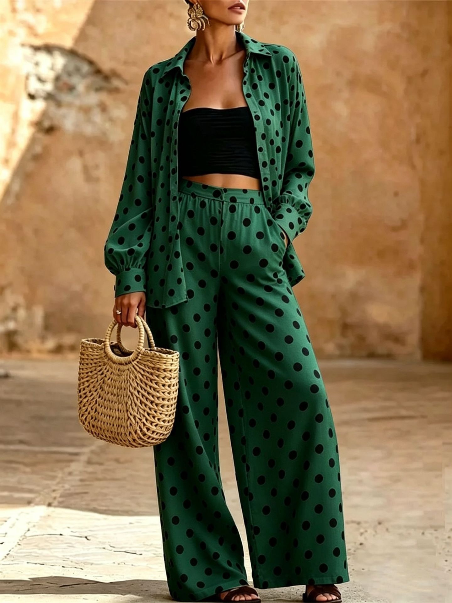 Women's Polka Dot Two-Piece Set with Wide-Leg Pants