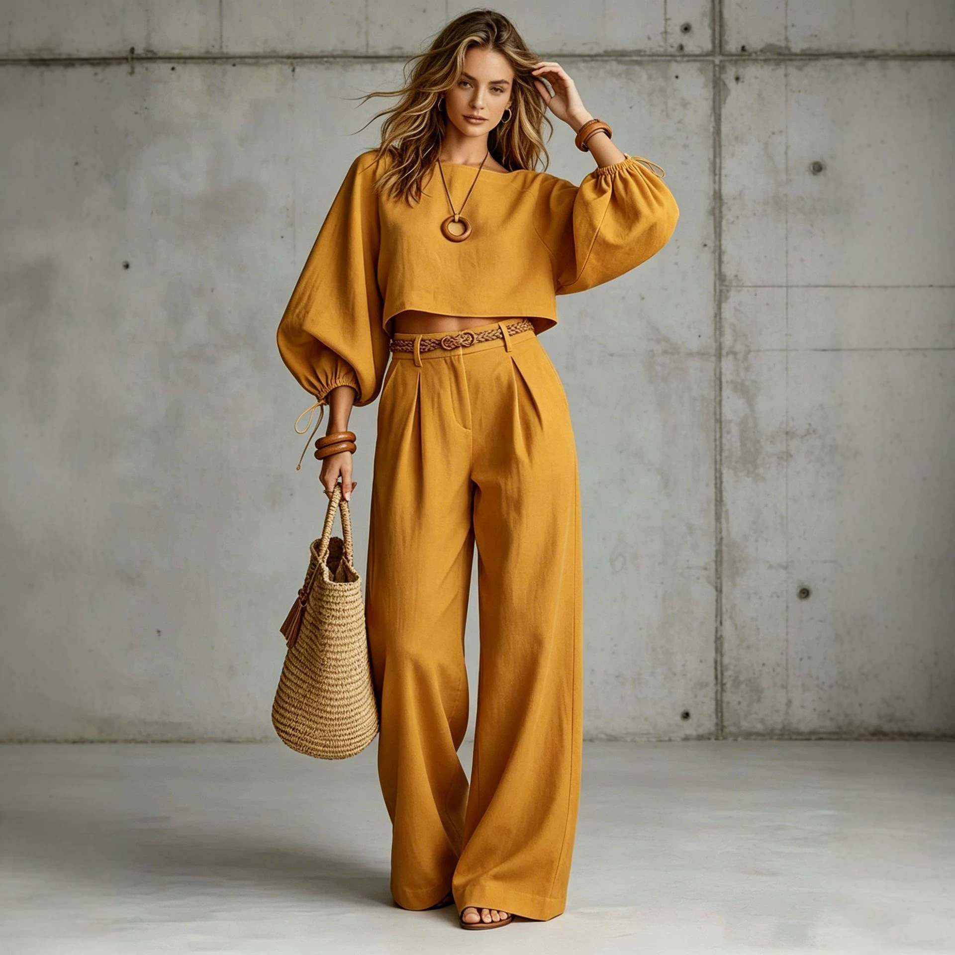 Solid Color Puff Sleeve Short Top and Casual Pants Two-Piece Set