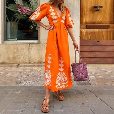 Floral Print V-Neck Puff Sleeve Open Back Loose Casual Midi Dress