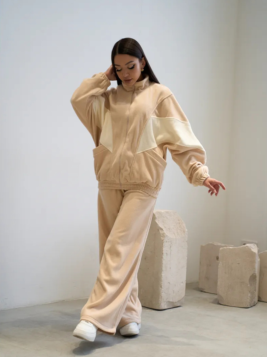 Women's Fleece Colorblock Zip-Up Hoodie and Wide-Leg Pants Set