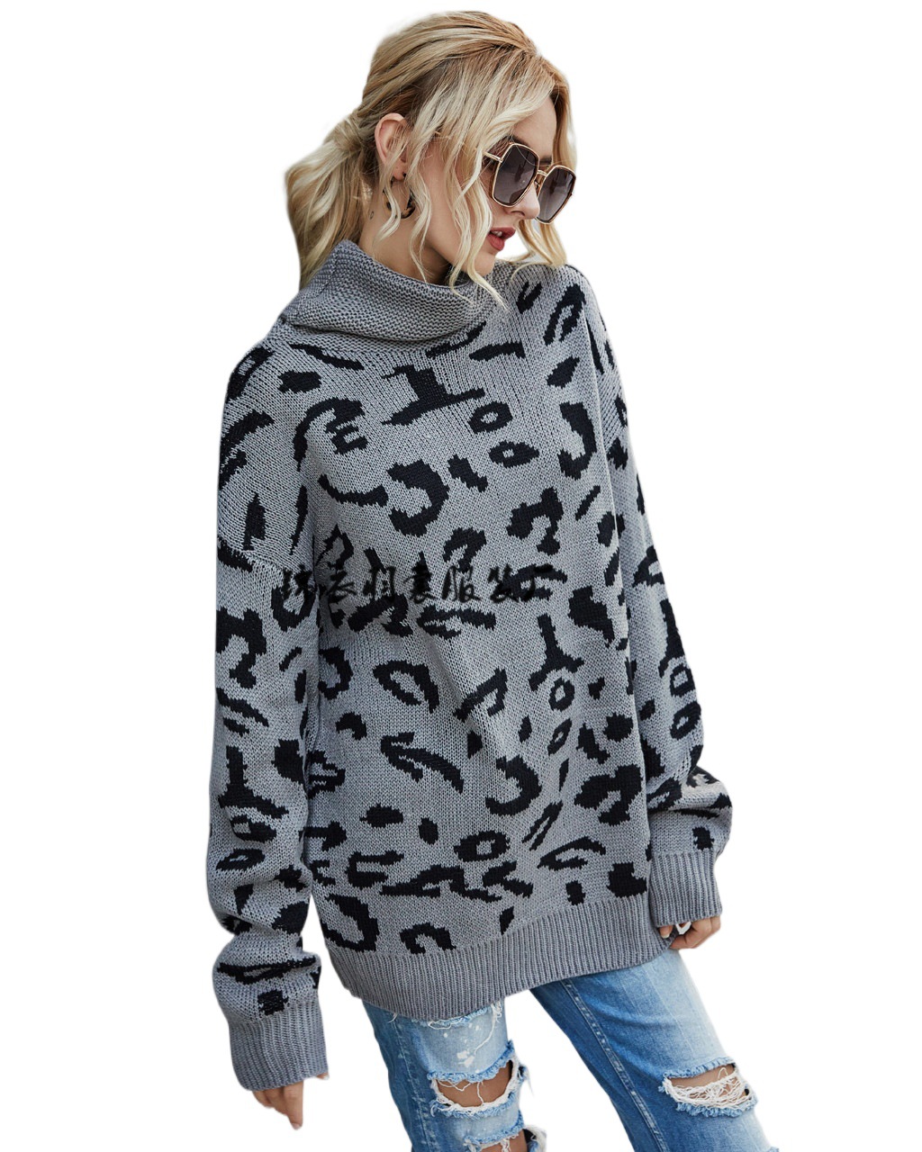 Women's Leopard Print Turtleneck Split Hem Knit Sweater