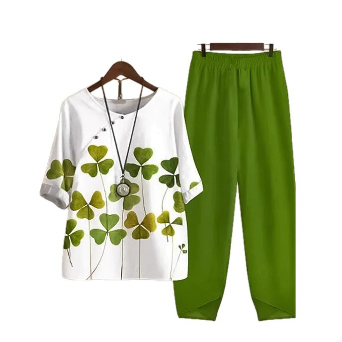 Women's Printed Round Neck Short Sleeve Top & Loose Pants Casual Set