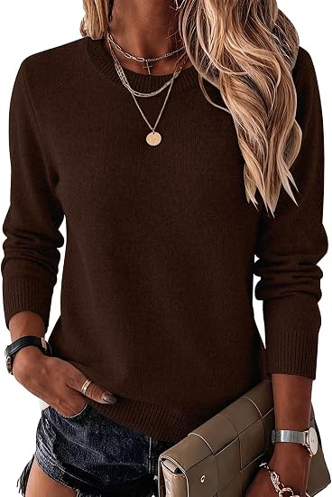 Women's Crewneck Knit Sweater Solid Color Pullover Long Sleeve